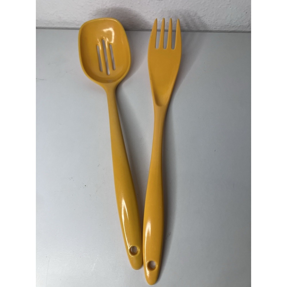Vintage‎ Machi Melamine Utensils Serving Fork & Slotted Spoon Gold Color Taiwan